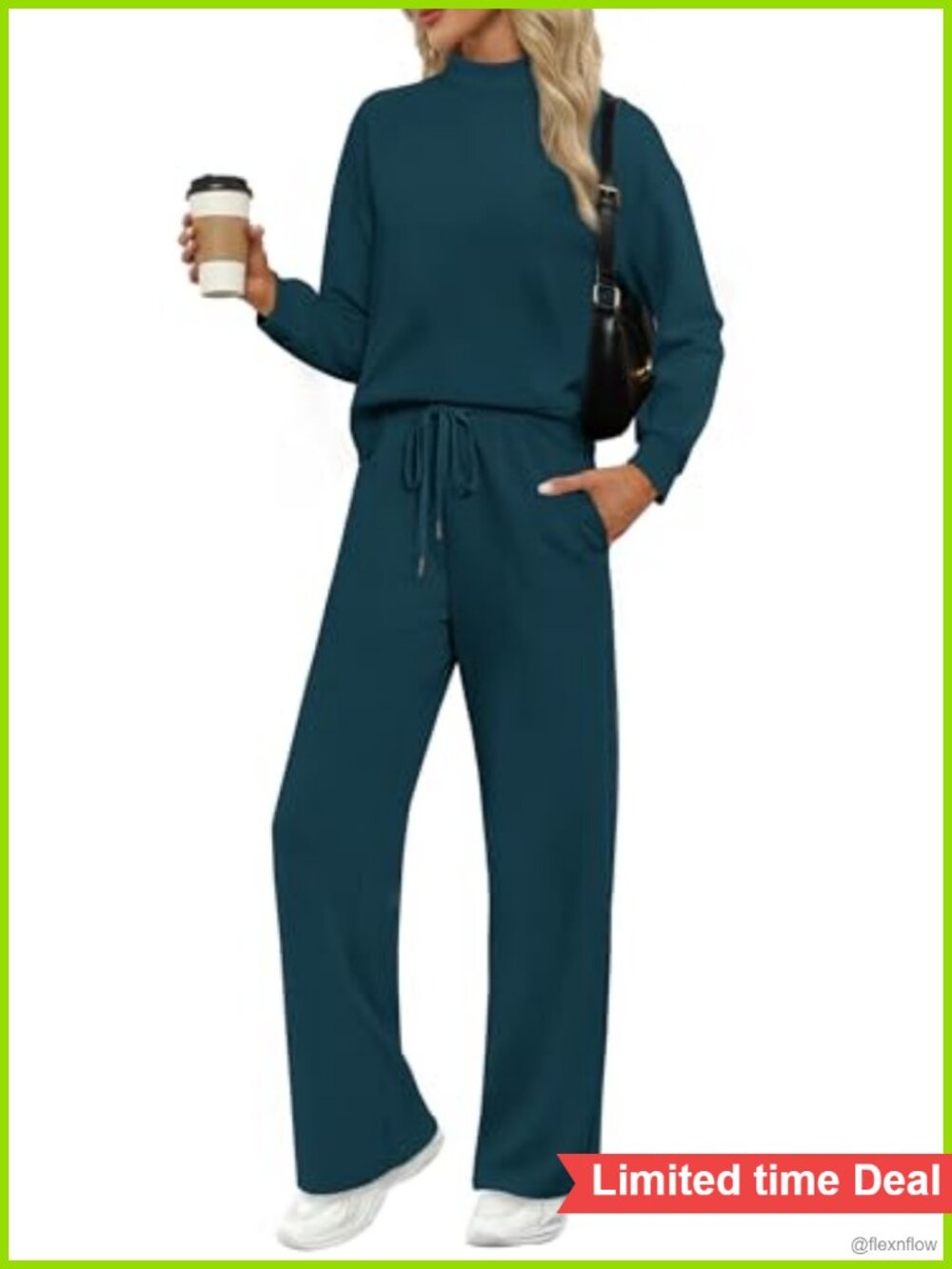 WIHOLL Two Piece Set Women Mock Neck Long Sleeve Top Wide Leg Pants Lounge